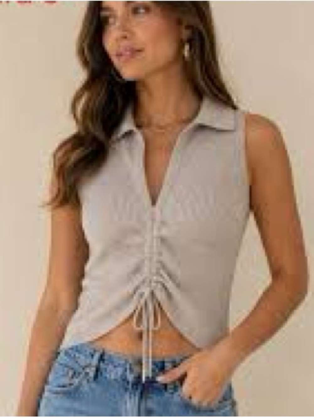 NWT Women’s Zara Taupe Ribbed Collared Drawstring Crop Top, Size S